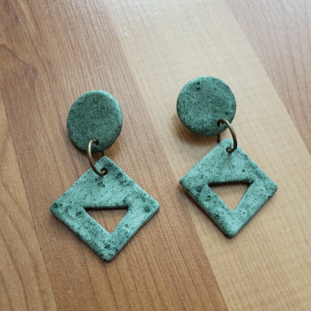 NEW Green Rhomb Stone Drop Stud Earrings